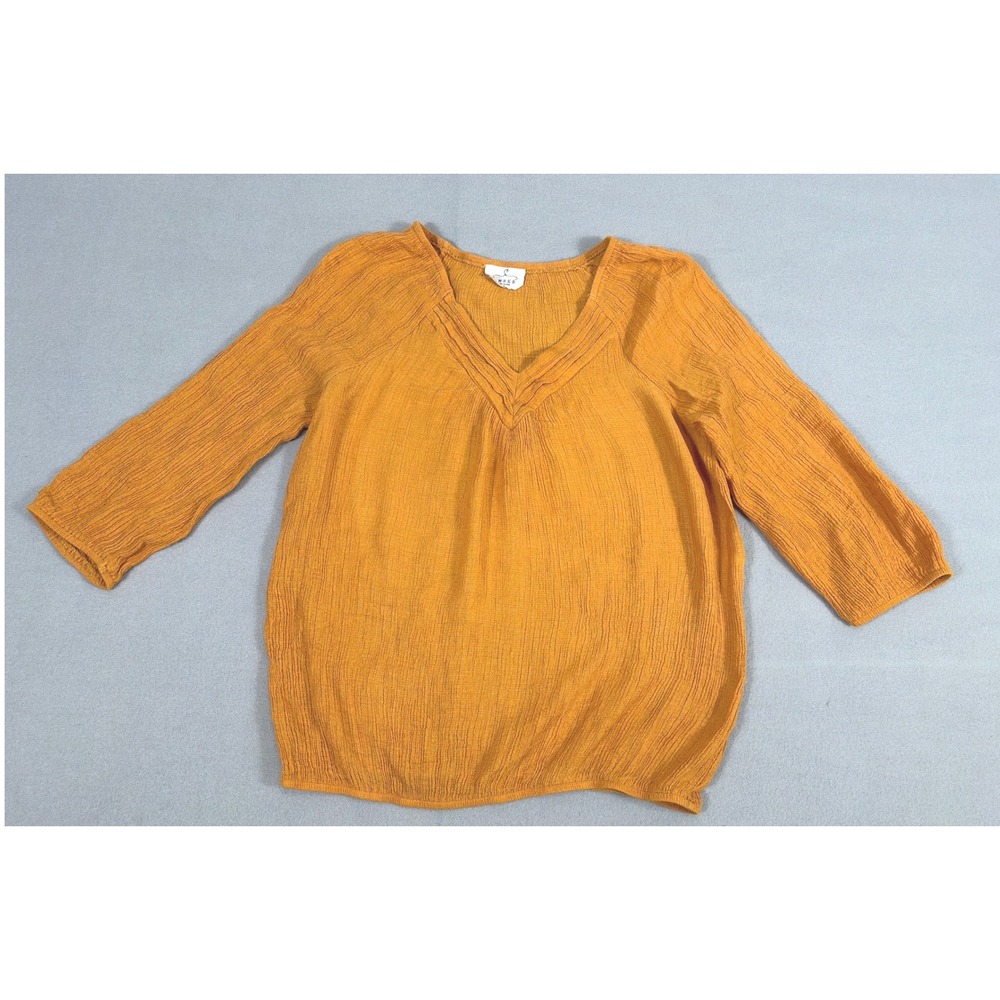 Ember Womens Mustard Yellow Crinkle Gauze V-Neck 3/4 Sleeve Blouse ST9122 Size M